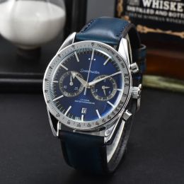 Wristwatch for Men 2023 Mens Watches Five Needles All Dials Work Quartz Watch High Quality Top Luxury Brand Chronograph Clock Leather Strap Fashion Omeg