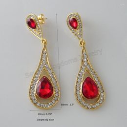 Dangle Earrings YELLOW GOLD PLATED OVERLAY FILLED SIMULATED RED CZ STONE WATER DROP CHARM 2.7" EARRING