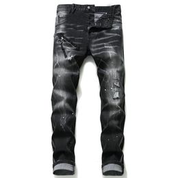 Unique Mens Distressed Badge Black Skinny Jeans Fashion Designer Slim Fit Washed Motocycle Denim Pants Panelled Hip Hop Biker Trou309K