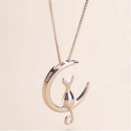 Fashion Cat Moon Pendant Necklace Charm Silver Gold Colour Link Chain Necklace For Pet Lucky Jewellery For Women Gift Shellhard GA3082219