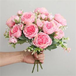 30cm Rose Pink Silk Bouquet Peony Artificial Flower 5 Big Head 4 Small Bud Bride Wedding Home Decoration Artifical GC2315