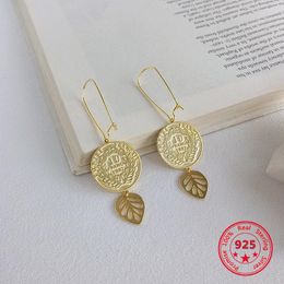 Dangle Earrings Pure 925 Silver European American Design Creative Concise Gold Coin Leaf Fine Jewelry