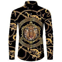 Men's Casual Shirts Golden Lion Pattern 3D Print Men Long Sleeve Turn-down Collar Button Tops Fashion Baroque Style Streetwea236S