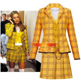 Kostium motywu w Stock Anime Clueless Culturenik Stroje dla dorosłych kobiet dziewczyna żółta kratona kurtka do mokrej koszulka Halloween 230920