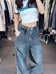 Women's Jeans Zippered Ripped Lined Cargo Women Versatile Straight-leg Pants Y2k Wide Leg Irregular Design High Waisted Trousers Washed