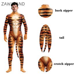 Catsuit Costumes Zawaland Creative Party Playsuit Cosplay Costume Tiger 3D Printed Full Cover Costumes for Adults with Tail Fancy Spandex Catsuit