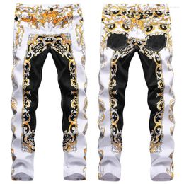 Men's Jeans White Stretch For Men Slim Fit Pants Personality Print Mid Waist Skinny Homme Fashion Big Size Denim Pencil Trousers