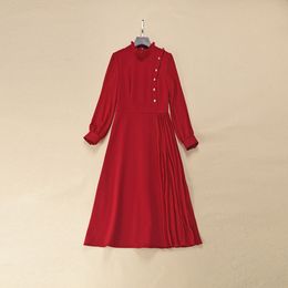 2023 Autumn Red Solid Color Dress Long Sleeve Stand Collar Buttons Midi Casual Dresses A3S150822-05