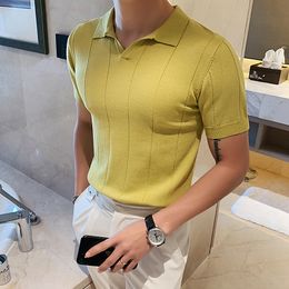 Men's Polos Summer Luxury Clothing V-neck Knit Polo Shirt Casual Striped Solid Short Sleeve T-shirt Breathable Slim M-3XL 230920