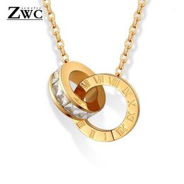 ZWC New Fashion Luxury Gold Color Roman Numeral Necklace Pendants for Women Wedding Party Stainless Steel Necklace Jewelry Gift1290F