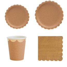 Disposable Dinnerware Kraftpaper Composite Stamping Kraft Paper Plate Disposable Picnic Plate Set Paper Cups Paper Tissue Party Tableware 230920