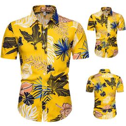 2020 Summer Yellow Hawaiian Shirt Mens Leaf Print Short Sleeve Cotton Men Casual Slim Fit Shirts Chemise Homme camisa masculina310T