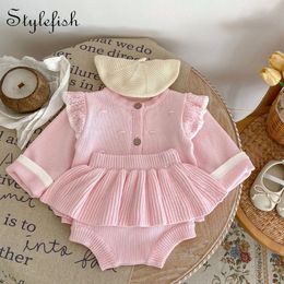 Clothing Sets Spring and Autumn Infant Girl Baby Pink Versatile Long sleeved Small Flap Knitted CoatPink Ruffle Skirt Pants 230919