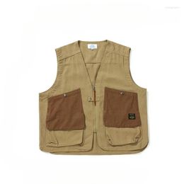 Men's Vests Japanese V-neck Stitching Pocket Tooling Male Retro Causal Loose High Street Cardigan Sleeveless Vest Jackets Clothes