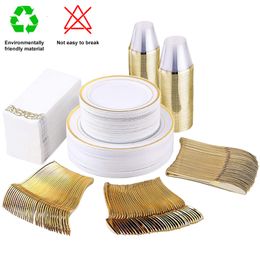 Disposable Dinnerware 25/50 Guests Disposable Dinnerware Set Rim Plastic Plates Knives Forks Spoons Silverware Linen Like Paper Napkins Cups Wedding 230920