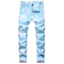 Hip Hop Street Boys Wear Colour Stretch Denim Jeans Casual Fashion Mens Skinny Straight Cowboys Trousers Slim Printed Long Pants240U