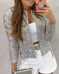 Women's Jackets Long Sleeve Open Front Sequin Coat Women Casual Female Jacket Pearls Buttons O-Neck Out Wear Ladies 230920