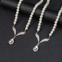 S3783 Evening Party Bride Wedding Jewelry Set For Women Rhinestone Drop Water Pendant Faux Pearl Beaded Choker Necklace With Earrings 2pcs/set