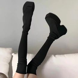 Boot's Over The Knee Sock Boots 2023 Winter Fashion Stretch Thick Heels Knitted Long Boot Slip on Platform Shoes 230920