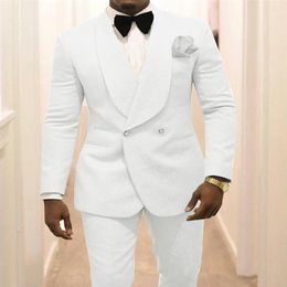 Double Breasted Men Suits White Pattern Groom Tuxedos Shawl Lapel Groomsmen Wedding Man 2 Pieces Jacket Pants Bow Tie L6234q
