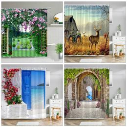 Shower Curtains Garden Landscape Shower Curtains Spring Flowers Forest Deer Seaside Town Oil Painting Lavender Rural Scenery Decor Bath Curtain 230920