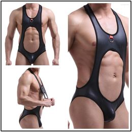 Underpants Men's Underwear Hanging Iron Ring Lacquer Leather Strap Empty Back Conjoined Wrestling Suit 1820