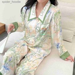 Women's Sleep Lounge QSROCIO Women's Pyjamas Set Luxury Floral Print Lapel Sleepwear Silk Like Long Sleeve Homewear Nightwear Casual Home Clothing L230920