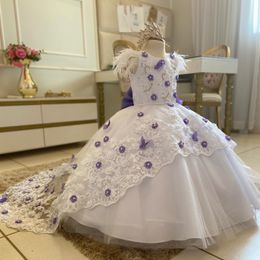 Lace Pearls Flower Girl Dresses For Wedding Feathers Appliqued Toddler Pageant Gowns Tulle Sweep Train Ball Gown Kids Birthday Dress