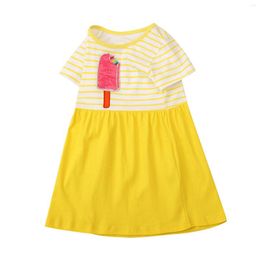 Vestidos de menina vestido verão em torno do pescoço saia de malha meninas gelo impressão listras amarelas 18m tamanho 12 roupas