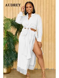 Plus size Dresse Clothg Shirt Tassels Skirt Two Pieces Set High Waist Split Ladies Beach Tunic Dress Summer Size Femininas 2023 230919