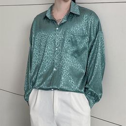 Leopard Green Ice Silk Mens Shirts Loose Jacquard Summer Fashion 2021 Party Dress Satin Oversize Designer Clothes Men's Casua240G