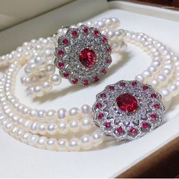 Necklace Earrings Set Natural Pearl 3 Strands 7-8mm White Red Crystal CZ Connector Bracelet And