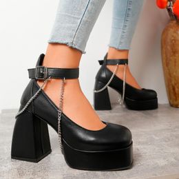 Dress Shoes Black Women's High Heels 2023 Fashion Square Toe Design Comfortable Chunky Punk Party Female Zapatos De Mujer