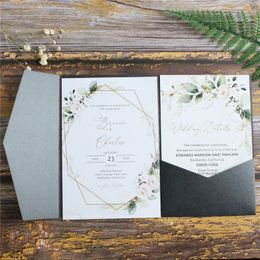 Greeting Cards Black Wedding Invitation Card TriFold Pocket Shimmer Country Party Invites Personalized Design Multi Colors 230919