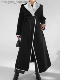 Women's Wool Blends Black And White Contrast Woolen Jackets Outerwear 2023 Autumn/Winter Korean-Style Lace Up Tie Long Women Wool Alpaca Coats L230920