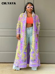 Women's Jackets CM.YAYA Women Vintage Paisley Tie Dye Printed Long Sleeve Pleated Straight Maxi Open Stitch Trench 230920