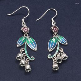 Dangle Earrings 925 Sterling Silver Enamel Leaf Bud For Women Girls Retro Ethnic Style Flower Hanging Jewelry EH205