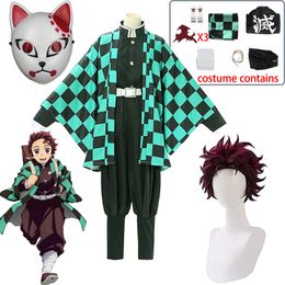 Tema Kostüm Tanjirou Kamado Cosplay Anime Demon Slayer Kimetsu Hayır Yaiba Cosplay Kostüm Üniforma Haori Kimono Wig Suit Cadılar Bayramı Yetişkin Çocuk 230920