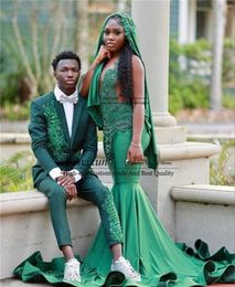 Men's Suits Green Appliques Beaded For Wedding 2 Pieces Sets Male Party Blazer Notch Lapel Groom Tuxedo Slim Fit Coustome Homme