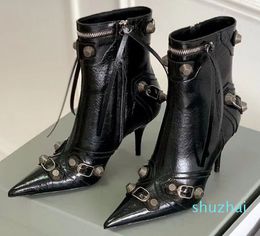 belt buckle decorative side zipper locomotive sexy pointy fashion boots high heels luxury designer women's factory shoes