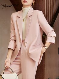 Womens Two Piece Pants Yitimuceng Solid 2 Piece Sets Office Wear Women Fashion Long Sleeve Single Button Blazers Vintage High Waist Pant Suits 230920