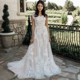 2020 A-line Modest Wedding Dresses With Cap Sleeves Lace V Neck Romantic Country Western Champagne Bridal Gowns Custom Made New Sa266n