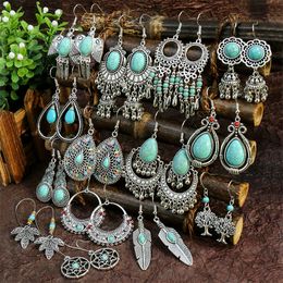 Silver Vintage Turquoise Drop Dangle Earrings Fashion Ear Hook Bohemia Hoop Earrings Women Party Jewellery Gifts