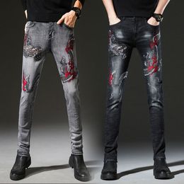 Men's Jeans Light Luxury Dragon Embroidery Jeans High Quality Scratched Stretch Denim Pants Slim-fit White-washed Casual Jeans; 230920