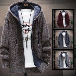 Men's Sweaters FALIZA Hooded Cardigan Knitted Sweater Mens Solid Color Thick Fleece Wool Casual Knitwear Male Clothing Sweaters for Men MXY117 J230920