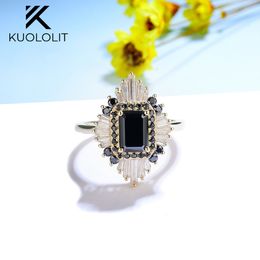 Wedding Rings Kuololit Black for Women Solid 10K 14K Yellow Gold Emerald cut Diamond Solitaire Engagement 230920