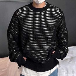 Men's Sweaters Fashion Men Pullover Jumpers Knitted Sweater Spring Autumn Man New Knit Black Casual Hollow Mesh Long Sleeve Tops Male Clothes J230920