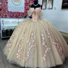 Champagne Spaghetti Strap Glitter Ball Gown Quinceanera Dresses Sweet 16 Princess Applique 3DFlower Beads Prom Gowns Vestido De 15 Anos