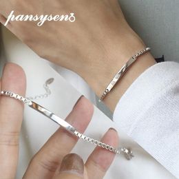 PANSYSEN 100% Solid Real 925 Sterling Silver Box Chain Link Bracelet for Women Girls Lady 19CM Women's Fine Jewelry Bracelets293t