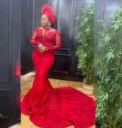 Red Sequin Lace Evening Dresses Nigerian Women Long Sleeve Sheer Neck Mermaid Prom Dress Aso Ebi Special Occasion Party Gowns